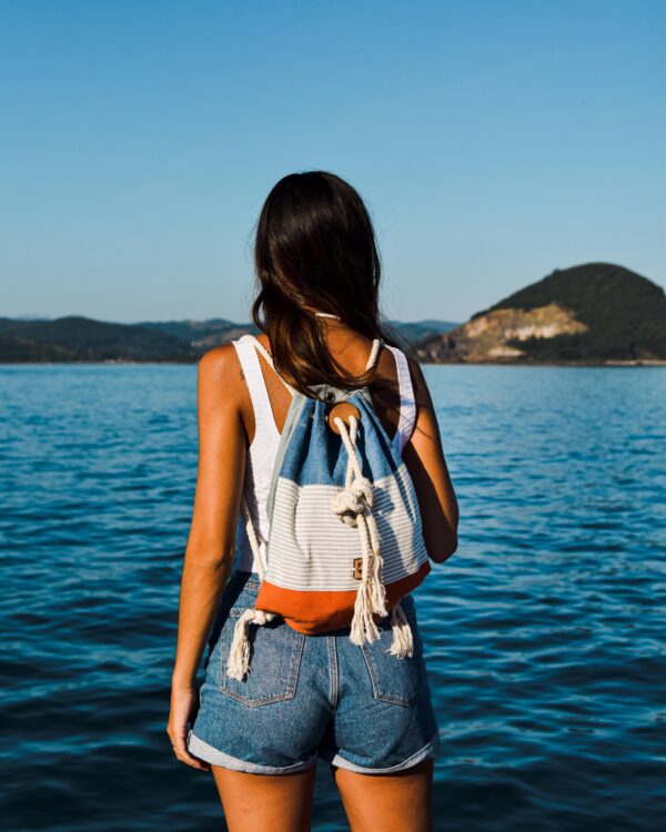 Cotton Canvas Rucksack with drawn-strings closure. Sailor Corallo Mini Nomad by Fede Surfbags.